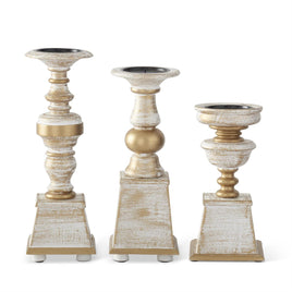 Whitewashed Gold Wood Candleholder on Square Base