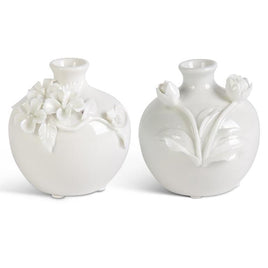Short White Ceramic Vase with Raised Flower