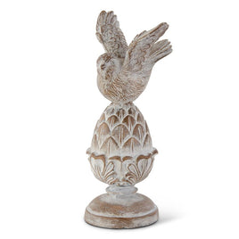 9 Inch Whitewashed Carved Resin Finial with Bird Top