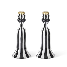Set of 2 10 Inch Black & White Striped Ceramic Taper Candle Holder