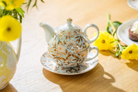Blue & Gold Daisy Fine Porcelain Tea For One Set w/ Gift Box