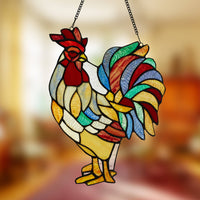 15.25"H Roland the Red Rooster Stained Glass Window Panel