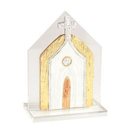 Silver Church On Gold Painted Acrylic Church