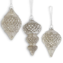 6 Inch Glittered Silver Mercury Glass Finial Ornament