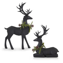 Set of 2 Matte Black Modern Deer w/Pine Wreaths