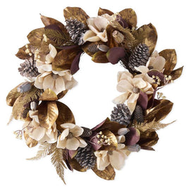 26 Inch Magnolia w/Gold Leaf & Pinecones Wreath