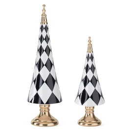 Black and White Harlequin Check Cone Trees Set of 2