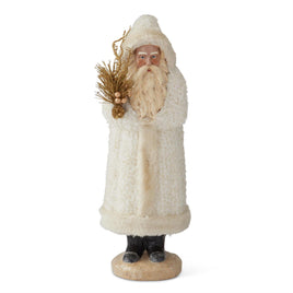 17.5 Inch Santa w/White Fleece Coat Holding Gold Branch