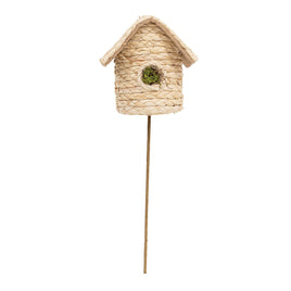 Natural Woven Seagrass Mossy Round Birdhouse Pick