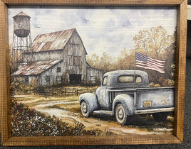 Vintage Truck and Barn with USA Flag
