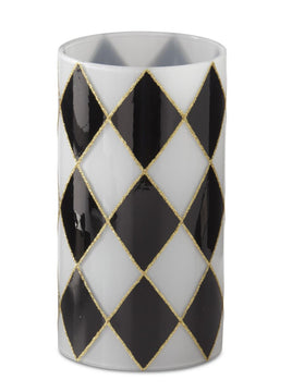7.75 Inch Black and White Check Glass Cylinder Candle Slip Cover