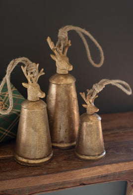 Antique Gold Metal Christmas Bell with Deer Finial