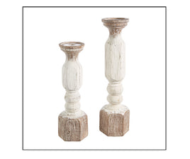 White Wood Embossed Candle Holders