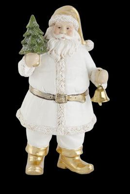 7.5 Inch White & Gold Resin Santa w/Tree & Bell