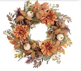 Fall Dahlia Flower with White Pumpkin Wreath