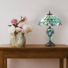 Tiffany Style 20"H Green Magna Carta Stained Glass Double Lit Table Lamp