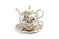 Blue & Gold Daisy Fine Porcelain Tea For One Set w/ Gift Box