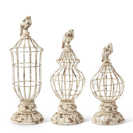 Whitewashed Metal Cage Finials w/Bird Tops