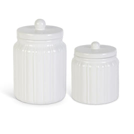 Set of 2 White Ceramic Ribbed Lidded Canisters