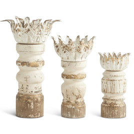 Distressed Whitewashed & Gold Wood Candleholder w/Metal