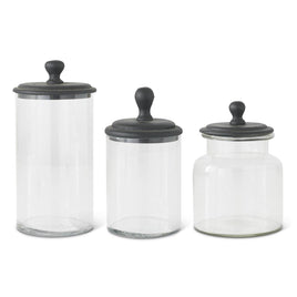 Set of 3 Glass Jars w/Wooden Black Lid