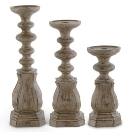 TAN DISTRESSED RESIN TAPER/PILLAR CANDLEHOLDERS