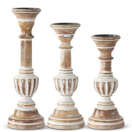 Whitewashed Carved Mango Wood Candle Holder
