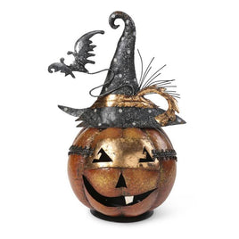 13 Inch Metal Jack O Lantern w/Witch Hat and Bat