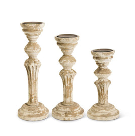 BROWN DISTRESSED WOOD COLUMN CANDLEHOLDERS