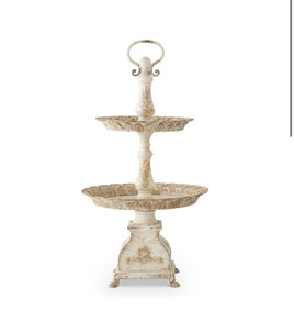 31.5 INCH WHITE AND GOLD WASHED METAL 2 TIERED TABLETOP TRAY